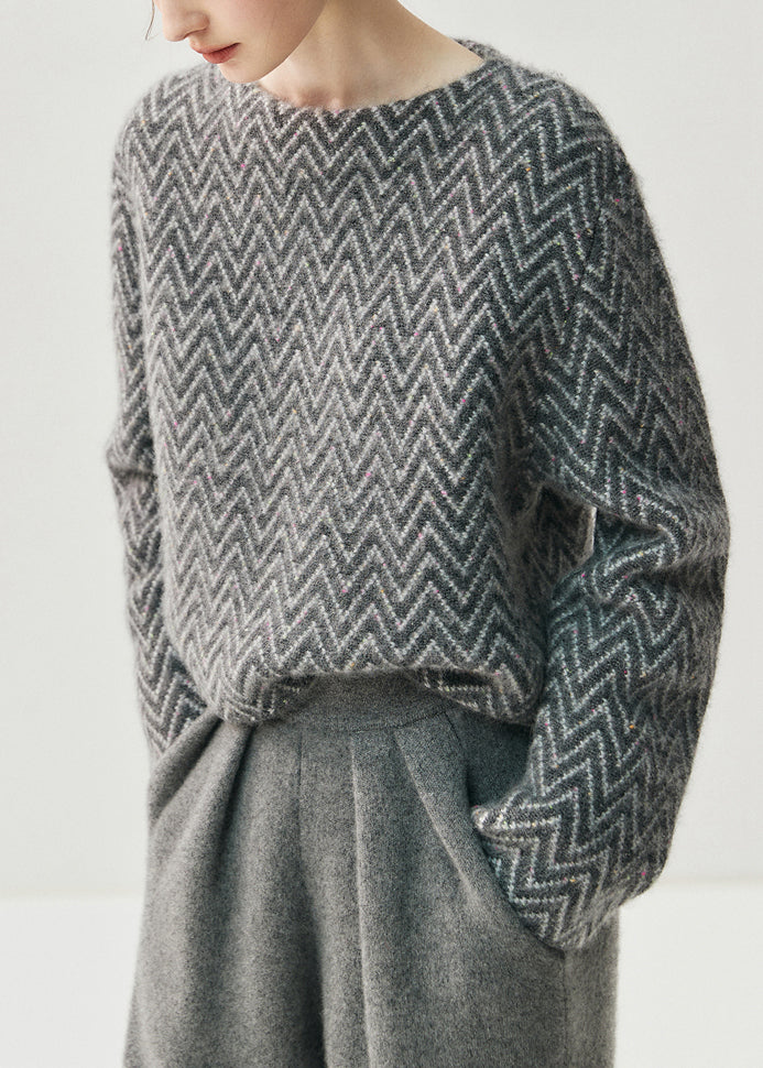 French Blue Slash Neck Striped Thick Cotton Knit Sweaters Spring