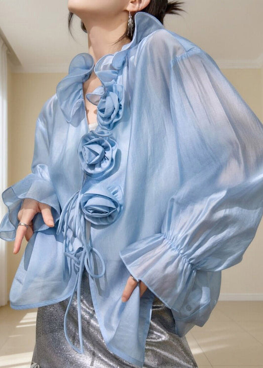 French Blue Stand Collar Floral Solid Shirt Flare Sleeve