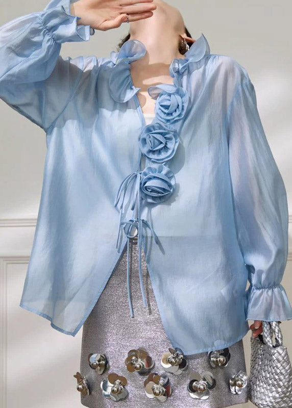 French Blue Stand Collar Floral Solid Shirt Flare Sleeve