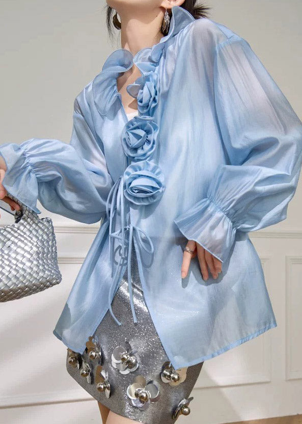 French Blue Stand Collar Floral Solid Shirt Flare Sleeve