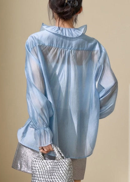 French Blue Stand Collar Floral Solid Shirt Flare Sleeve