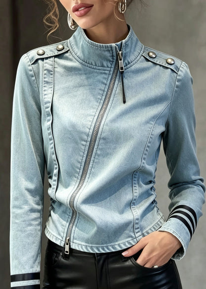 French Blue Stand Collar Zip Up Patchwork Denim Top Fall