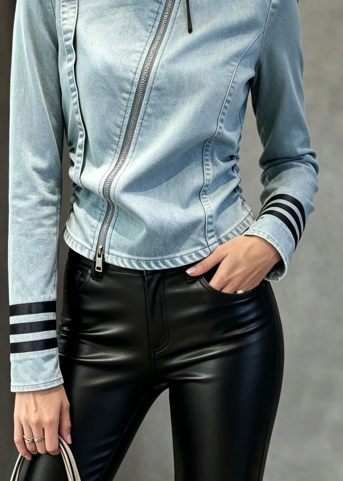 French Blue Stand Collar Zip Up Patchwork Denim Top Fall