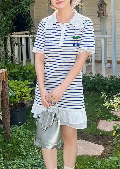 French Blue Striped Patchwork Cotton Shirt Dresses Summer