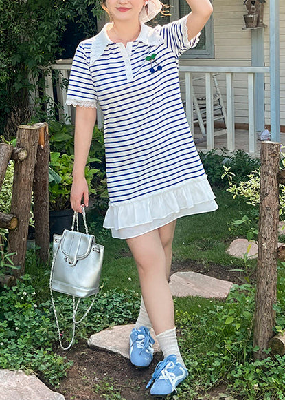 French Blue Striped Patchwork Cotton Shirt Dresses Summer