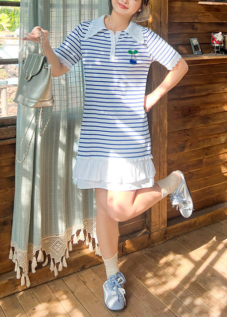 French Blue Striped Patchwork Cotton Shirt Dresses Summer