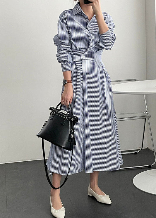 French Blue Striped Peter Pan Collar Patchwork Cotton Shirts Dress Spring