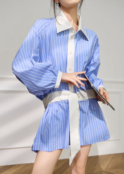 French Blue Striped Pockets Patchwork Cotton Shirts Dress Fall