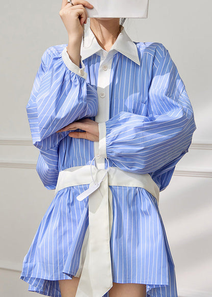 French Blue Striped Pockets Patchwork Cotton Shirts Dress Fall