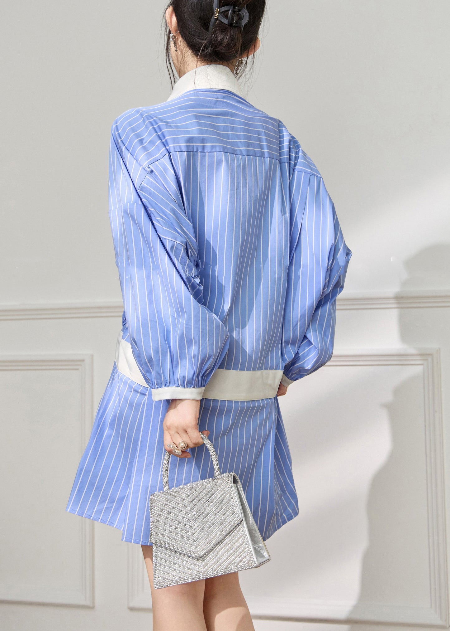 French Blue Striped Pockets Patchwork Cotton Shirts Dress Fall