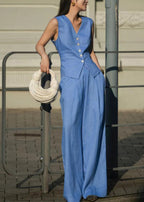 French Blue Tops And Pants Linen Two Pieces Set Sleeveless