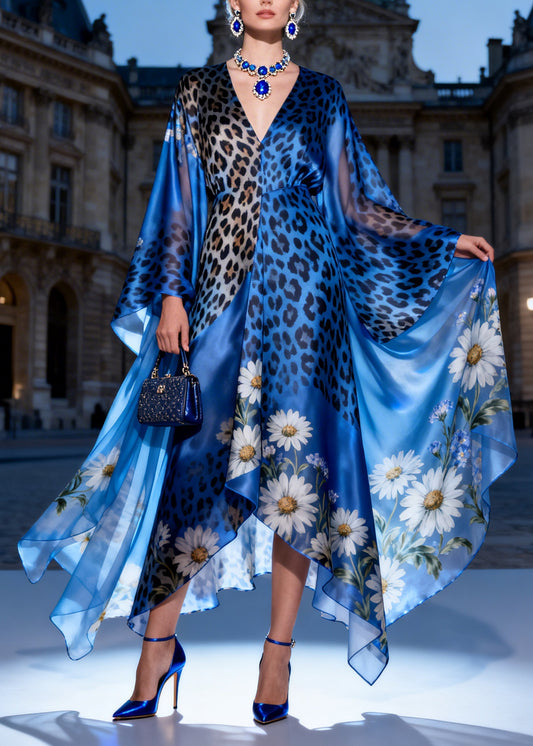 French Blue V Neck Asymmetrical Design Print Silk Long Dress Summer
