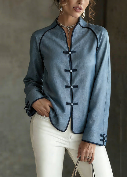 French Blue V Neck Button Solid Shirts Spring