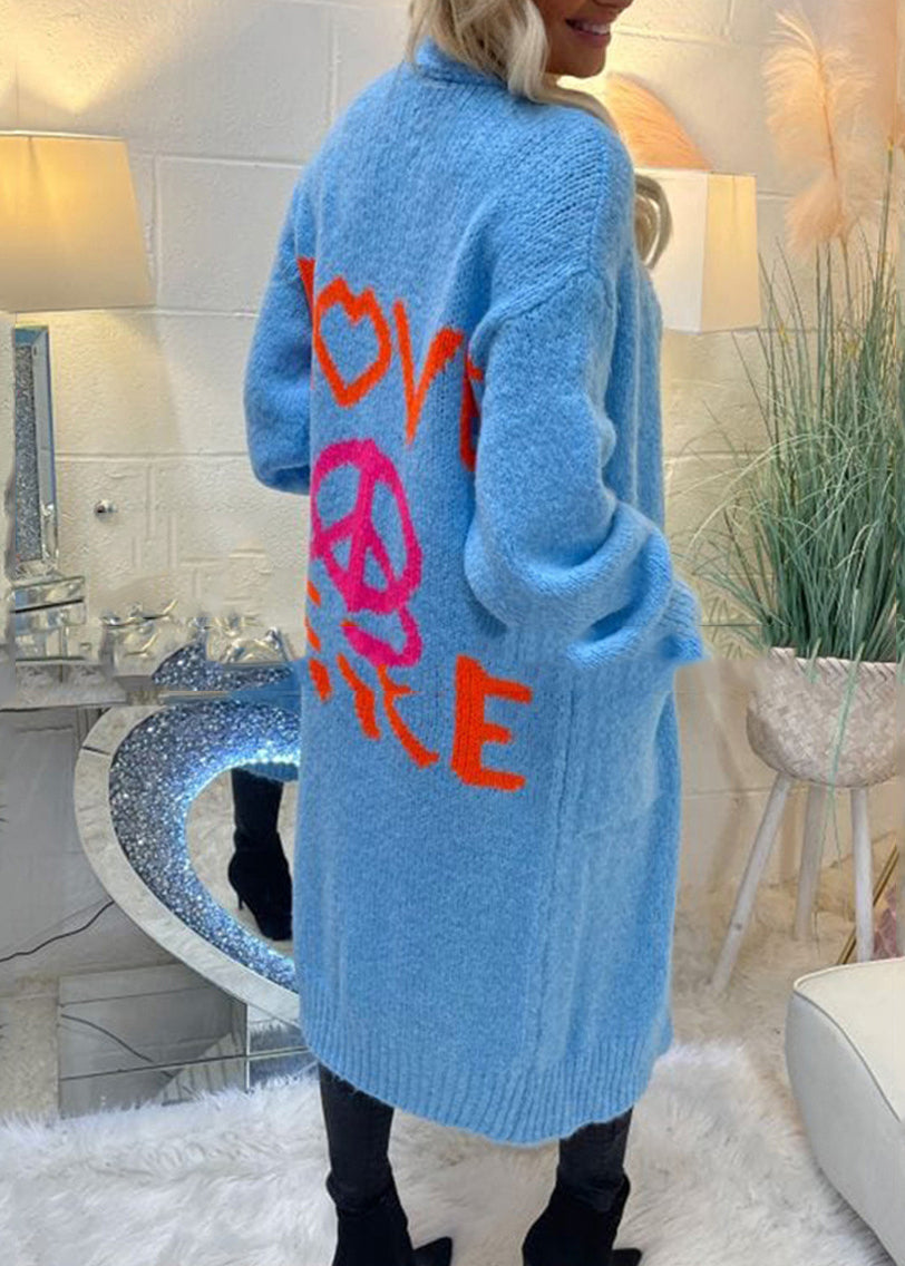 French Blue V Neck Graphic Cotton Knit Long Cardigans Fall