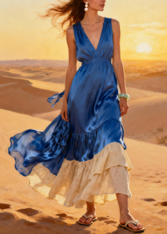 French Blue V Neck Patchwork Linen Silk Maxi Dress Summer