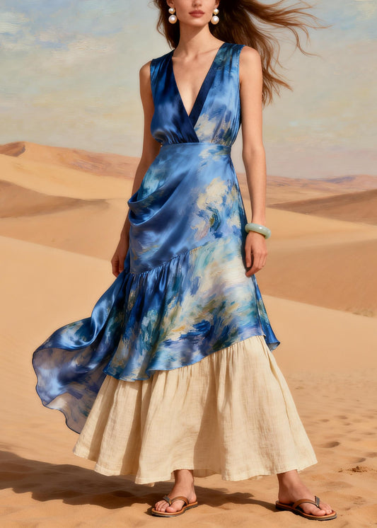 French Blue V Neck Patchwork Tie Dye Silk Robe Dresses Summer