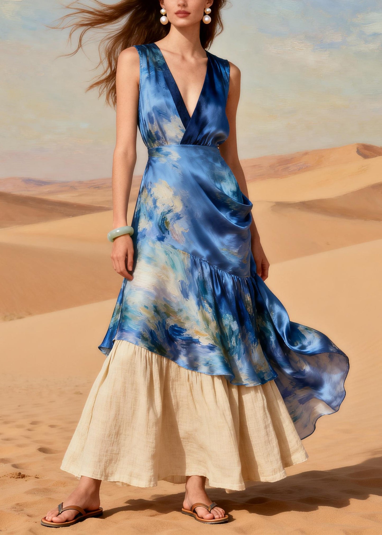 French Blue V Neck Patchwork Tie Dye Silk Robe Dresses Summer