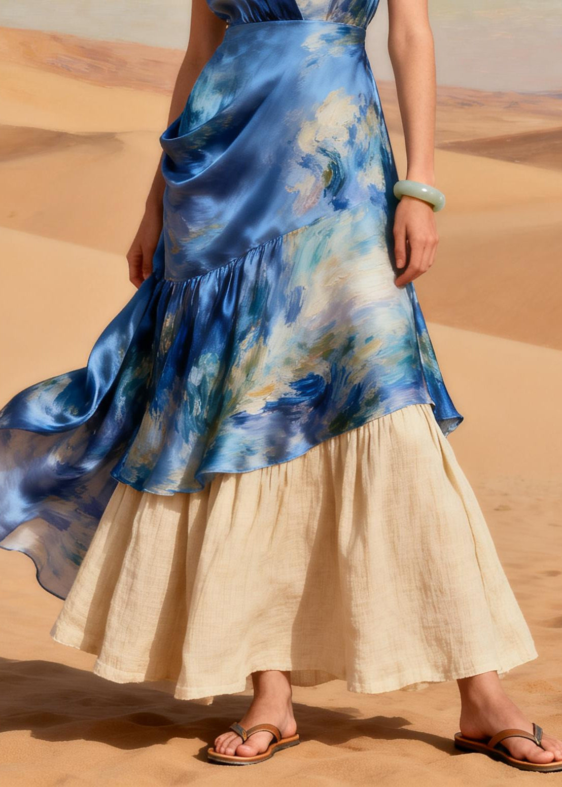 French Blue V Neck Patchwork Tie Dye Silk Robe Dresses Summer