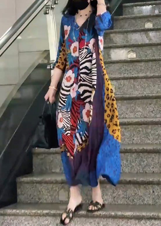 French Blue V Neck Print Chiffon Long Dress Bracelet Sleeve