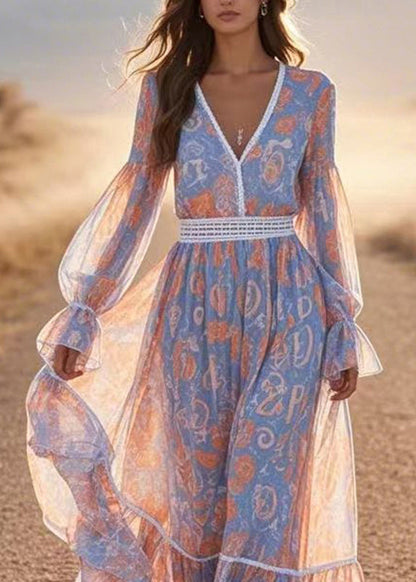 French Blue V Neck Print Chiffon Long Dress Lantern Sleeve