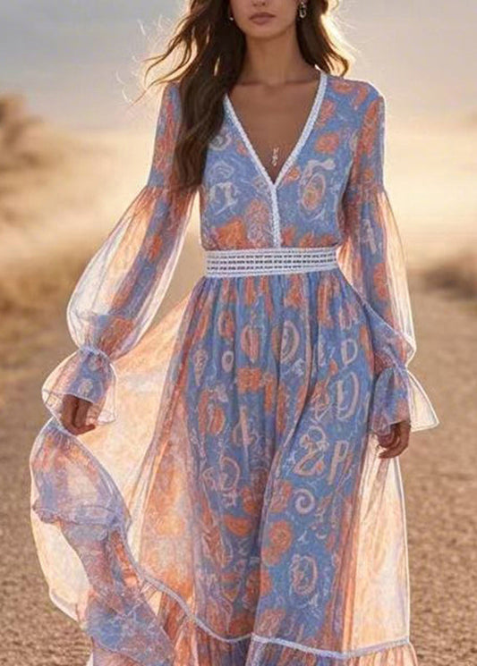 French Blue V Neck Print Chiffon Long Dress Lantern Sleeve