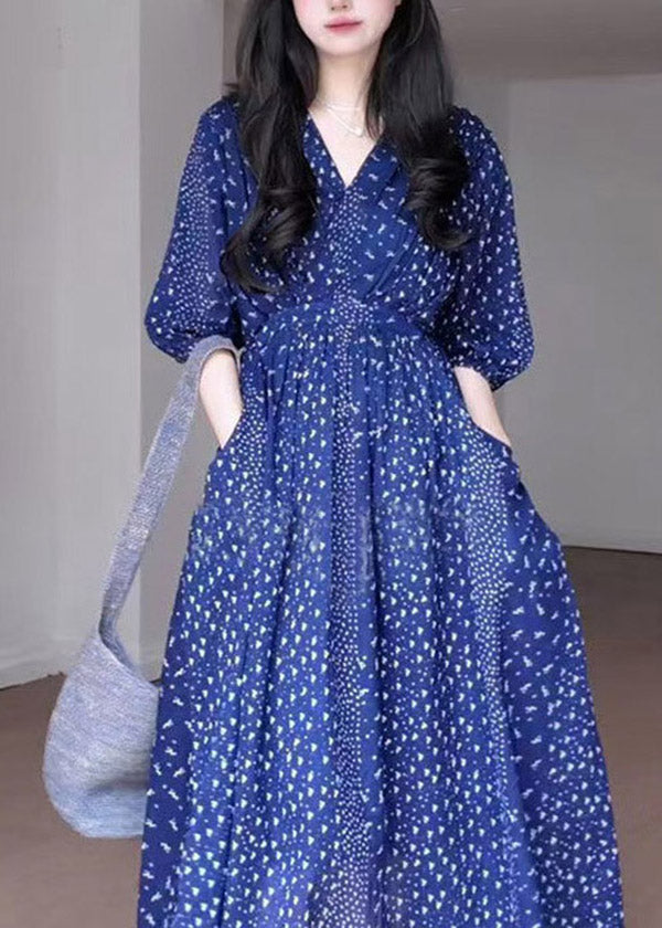 French Blue V Neck Print Chiffon Long Dresses Summer