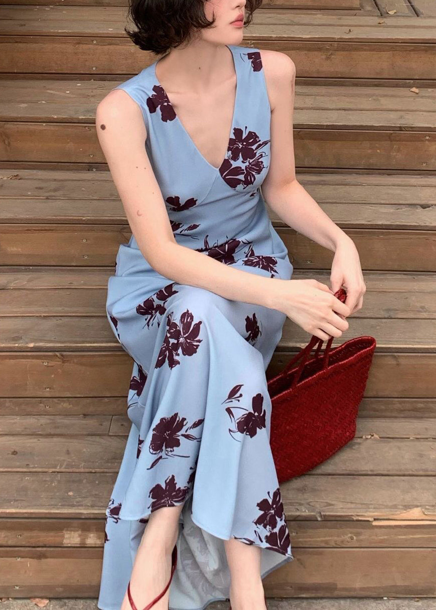 French Blue V Neck Print Long Dresses Sleeveless