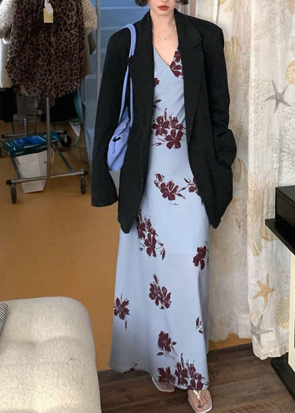 French Blue V Neck Print Long Dresses Sleeveless