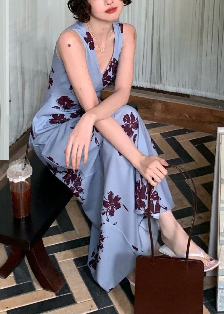 French Blue V Neck Print Long Dresses Sleeveless