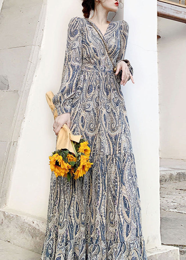 French Blue V Neck Print Tunic Long Dress Spring