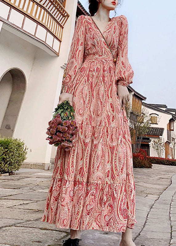 French Blue V Neck Print Tunic Long Dress Spring
