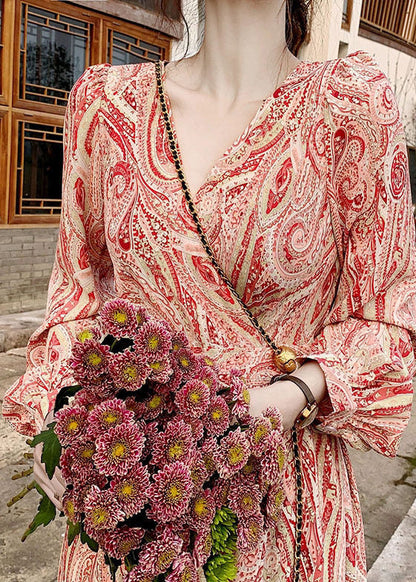 French Blue V Neck Print Tunic Long Dress Spring