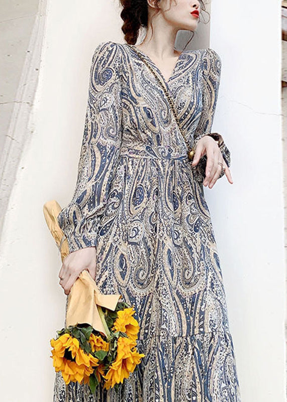 French Blue V Neck Print Tunic Long Dress Spring