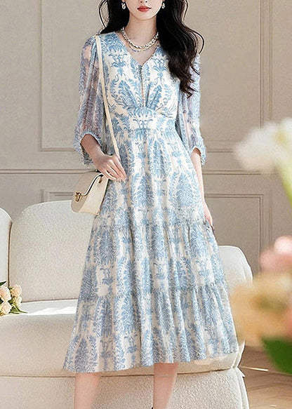 French Blue V Neck Print Wrinkled Chiffon Long Dress Summer