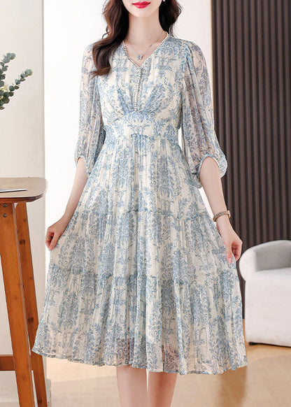 French Blue V Neck Print Wrinkled Chiffon Long Dress Summer