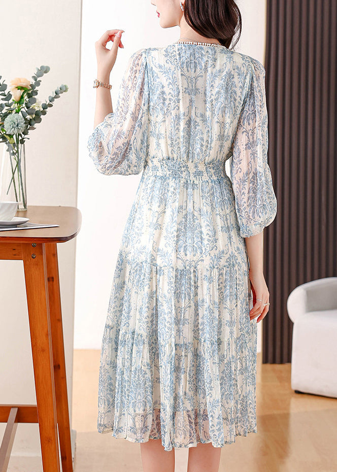 French Blue V Neck Print Wrinkled Chiffon Long Dress Summer