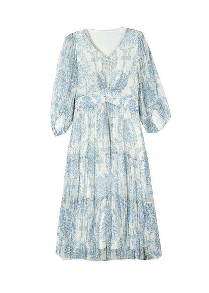 French Blue V Neck Print Wrinkled Chiffon Long Dress Summer