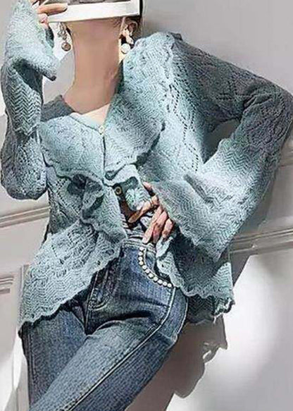 French Blue V Neck Ruffled Knit Top Flare Sleeve