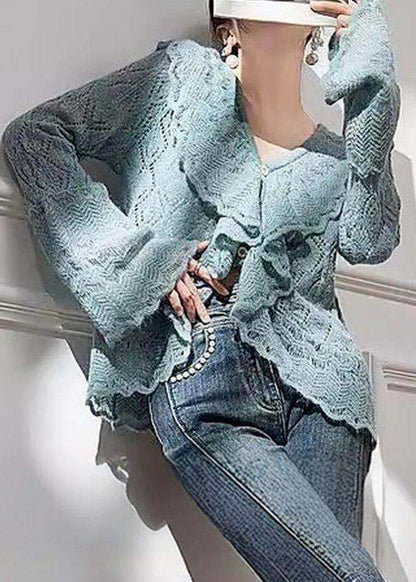 French Blue V Neck Ruffled Knit Top Flare Sleeve