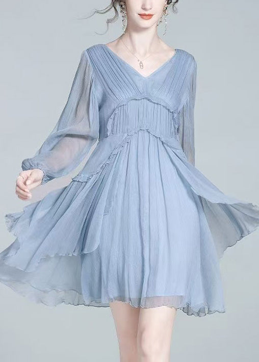 French Blue V Neck Ruffled Patchwork Silk Mid Dress Summer