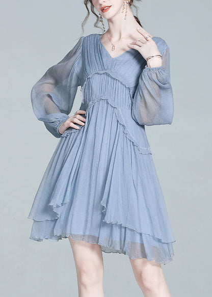 French Blue V Neck Ruffled Patchwork Silk Mid Dress Summer