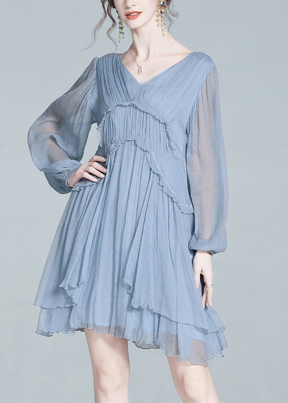 French Blue V Neck Ruffled Patchwork Silk Mid Dress Summer