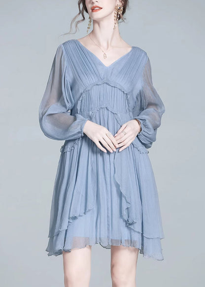 French Blue V Neck Ruffled Patchwork Silk Mid Dress Summer