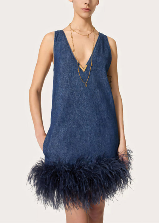 French Blue V Neck Tasseled Patchwork Denim Mid Dress Sleeveless