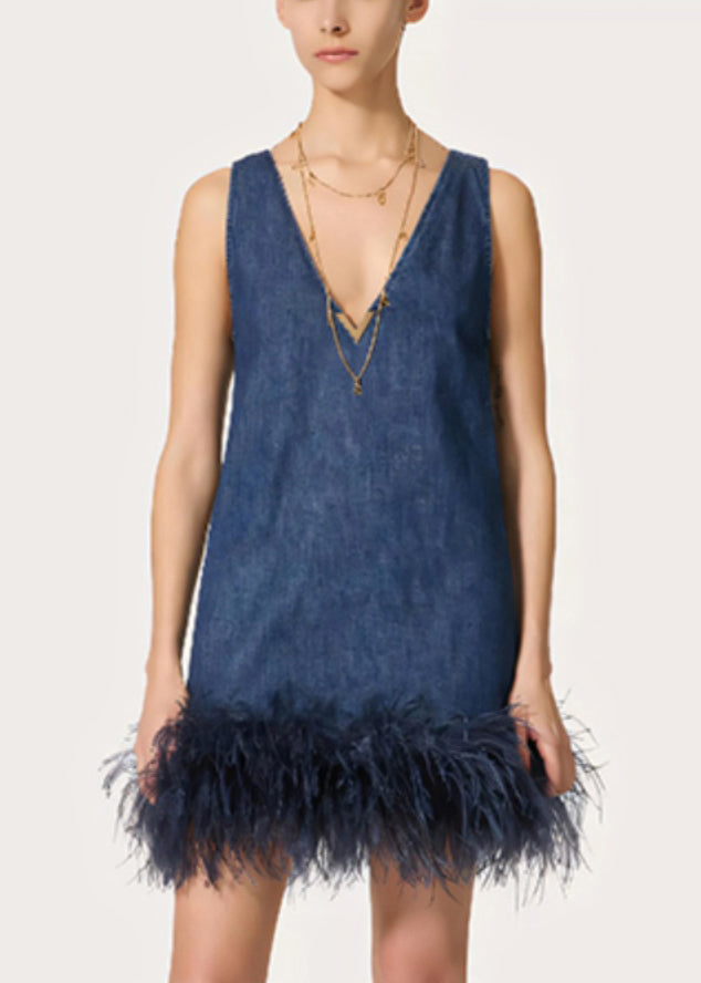 French Blue V Neck Tasseled Patchwork Denim Mid Dress Sleeveless