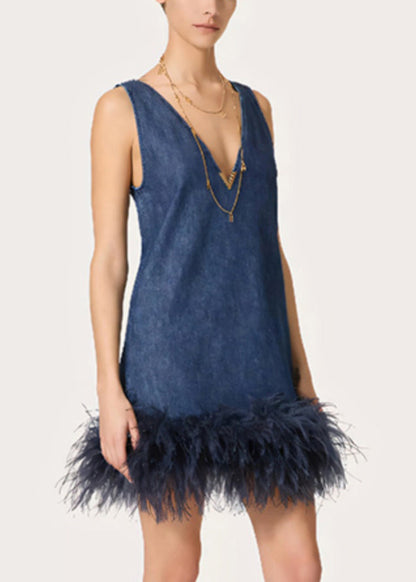 French Blue V Neck Tasseled Patchwork Denim Mid Dress Sleeveless