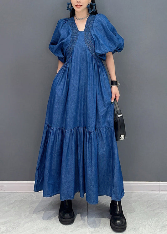 French Blue Wrinkled Patchwork Thin Denim Long Dress Summer