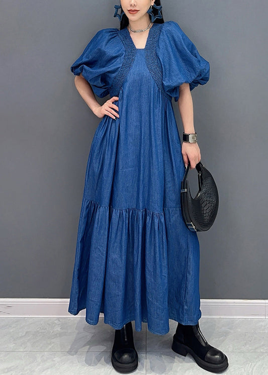 French Blue Wrinkled Patchwork Thin Denim Long Dress Summer
