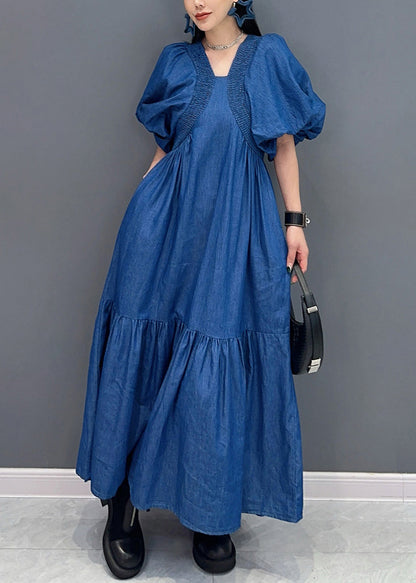 French Blue Wrinkled Patchwork Thin Denim Long Dress Summer