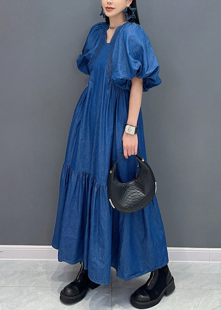 French Blue Wrinkled Patchwork Thin Denim Long Dress Summer